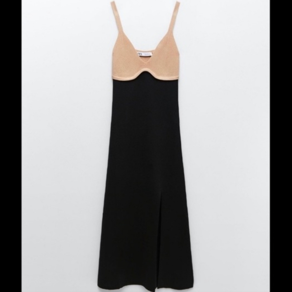 NWT Zara Knit Contrast Heavy Knit Body Con Slit Dress Milkmaid Bodice M